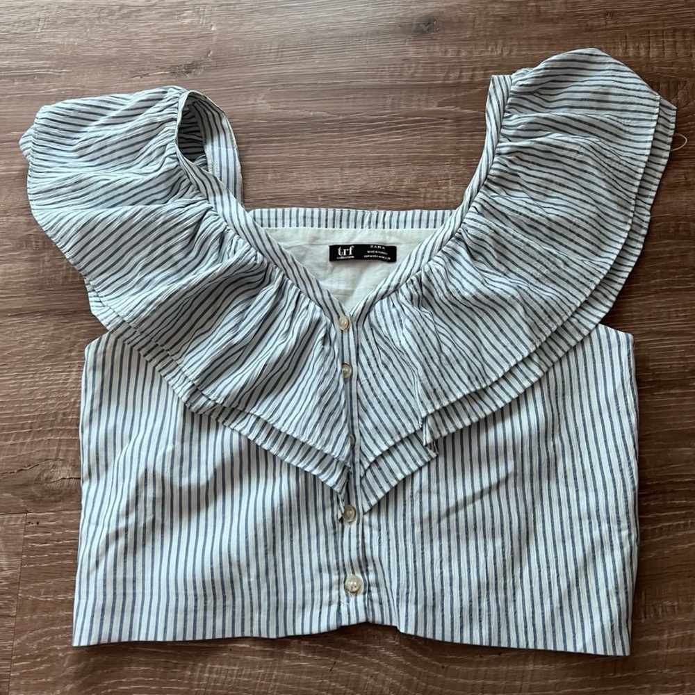 Zara trf Blue and White Striped Blouse with Ruffle Sleeves